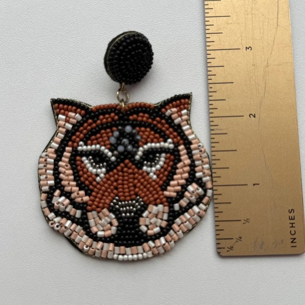 Beaded Tiger Head Drop Earrings Orange Black White Animal Print Statement Studs